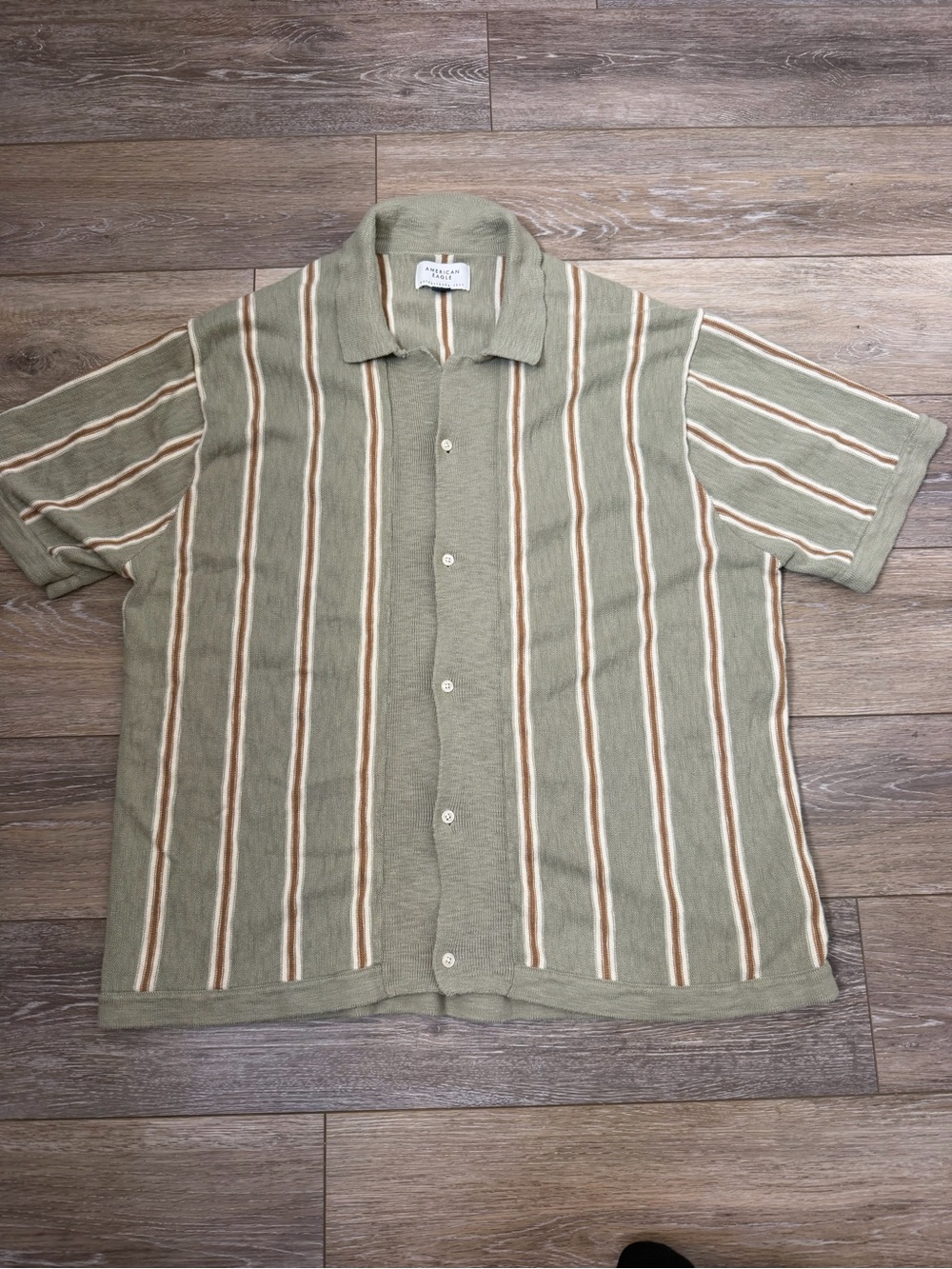 American Eagle Outfitters Olive Short-Sleeve Stripe Button-Up Shirt